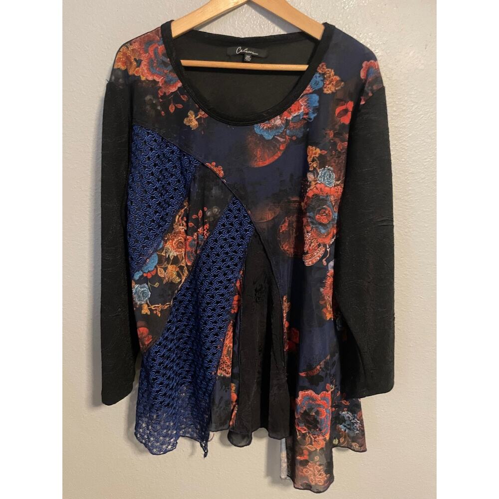 Calessa Tunic Top Womens 2X Multicolor Floral Crochet Long Sleeve Boho Artsy